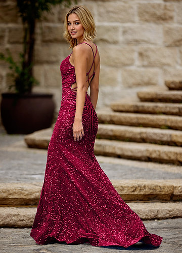 Luxey Burgundy Velvet Sequins Prom Dress image1