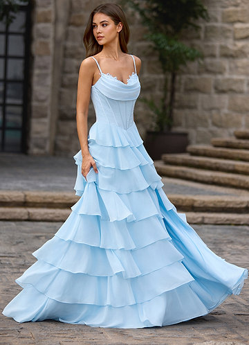 Floralace Sky Blue Ruffled A-line Prom Dress image1