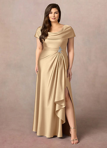 Azazie Branford Robes de mère de la mariée Robe Trapèze en Satin extensible Plissée Champagne image1