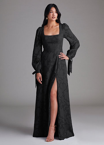 Azazie Leonia Bridesmaid Dresses Black A-Line Long Sleeve Floral Burnout Dress image1