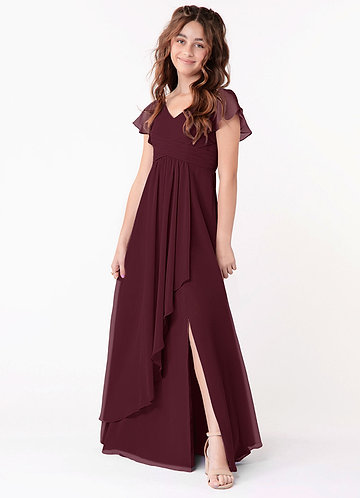Azazie Omari Junior Vestido Cabernet de Chiffon de Linha A com Ruched image1