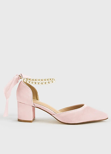 front Matching Color Matte Satin Pearl and Bow Pointed Toe Block Heels