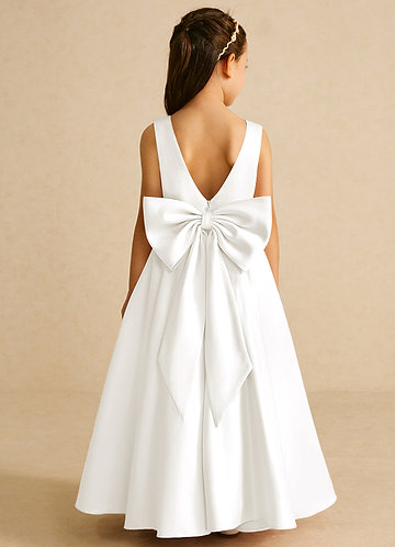 Azazie Pipsy Flower Girl Dresses Ivory A-Line Bow Matte Satin Dress image1 0