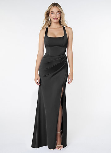 Azazie Mero Bridesmaid Dresses Black Sheath Pleated Stretch Satin Dress image1