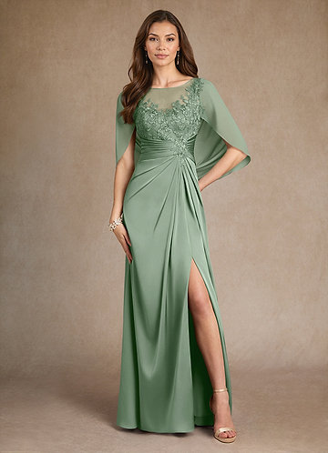 Azazie Hera Mother of the Brides Dresses Matcha A-Line Lace Stretch Satin Dress image1