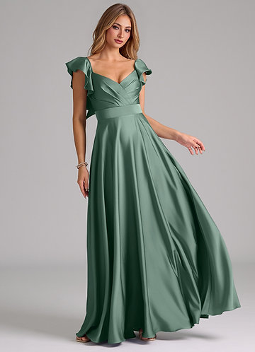 Azazie Leilani Bridesmaid Dresses Eucalyptus A-Line Ruched Stretch Satin Dress image1