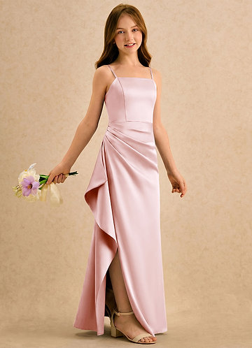 Azazie Cannoli Girls Formal Bloemenmeisjesjurken A-Lijn Jurk van Stretch Satijn Geplooid Blozend Roze image1