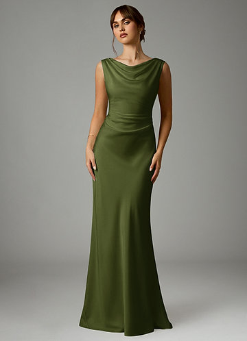 Azazie Kieryn Bridesmaid Dresses Olive Mermaid Pleated Stretch Satin Dress image1