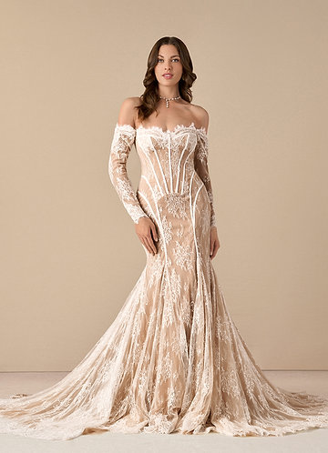 Azazie Katherine Wedding Dresses Diamond White Caramel Mermaid Off the Shoulder Tulle Dress image1