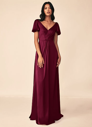 Soren Bridesmaid Dresses Burgundy A-Line Pleated Stretch Satin Dress image1