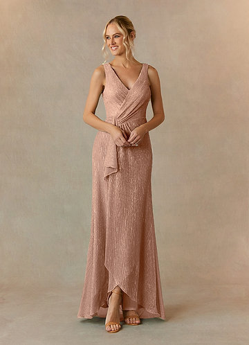 Upstudio Tuscon Mother of the Bride Dresses Rose Gold A-Line V-Neck Ruched Metallic Mesh Dress image1