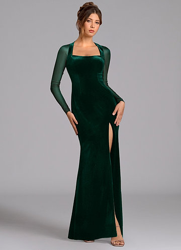 Azazie Megan Bridesmaid Dresses Emerald Mermaid Long Sleeve Mesh Dress image1