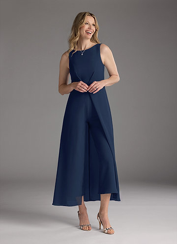 Azazie Anitta Mother of the Brides Dresses Dark Navy Jumpsuit/Pantsuit Pleated Stretch Crepe Dress image1