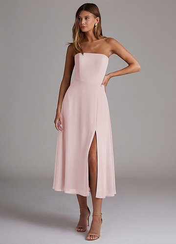 pink tea length formal dresses Pink Tulle Off-shoulder Tea Length Formal Dress main image 0