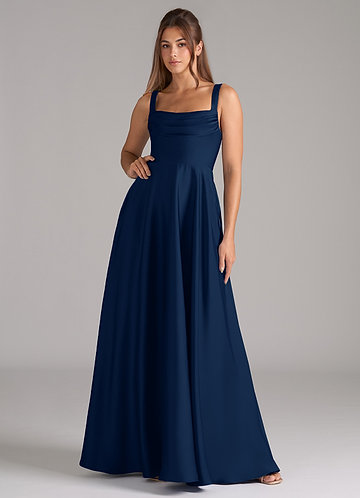 Azazie Shaude Bridesmaid Dresses Dark Navy A-Line Pleated Stretch Satin Dress image1