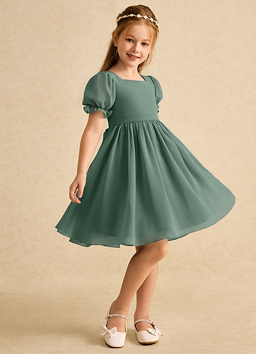 Azazie Jolie Blumenkinder Kleider A-Linie mit ärmel Chiffon Kleid Eukalyptus image1