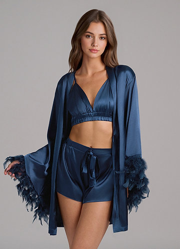 front Satin 3-Piece Loungewear Set With Feather Sleeves
