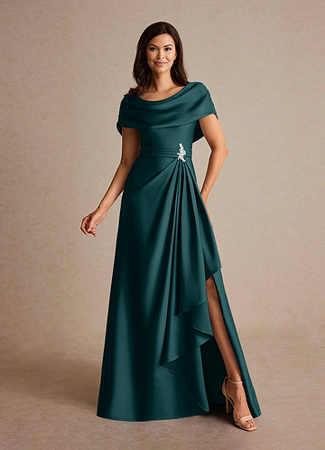 Azazie Branford Mother of the Brides Dresses Pine A-Line Pleated Stretch Satin Dress image1