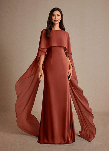 Azazie Milfred Vestidos de Madre de la Novia Vestido de Terracota de Satén Elástico de Recto con Cuello de barco image1
