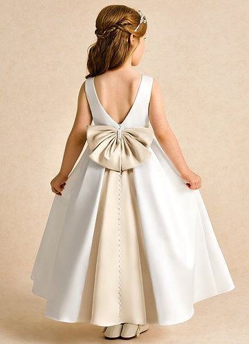 Azazie Cherry Flower Girl Dresses Ivory Champagne Ball-Gown Pleated Matte Satin Dress image1