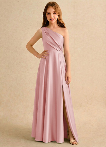 Azazie Puddles Girls Formal Klänningar för brudeflicka Klä A-Line i Stretch Satin Ena axeln image1