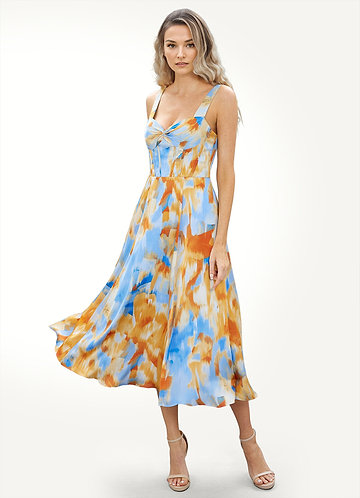 Doria Blue Caribbean Print Sweetheart Midi Dress image1 0
