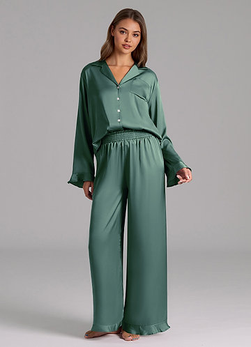front Matching Color Ruffled Satin Long Sleeve Pajama Set