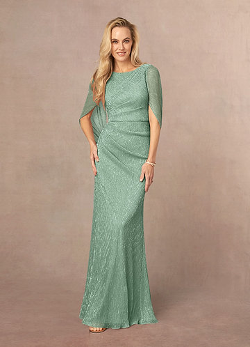Azazie Paige Mother of the Brides Dresses Aquamarine Sheath Pleated Cape Metallic Mesh Dress image1