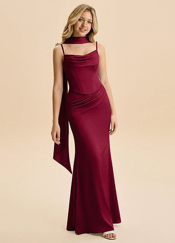 Azazie Sorrel Junior Robe Sirène en Satin extensible Rayé Bourgogne image1