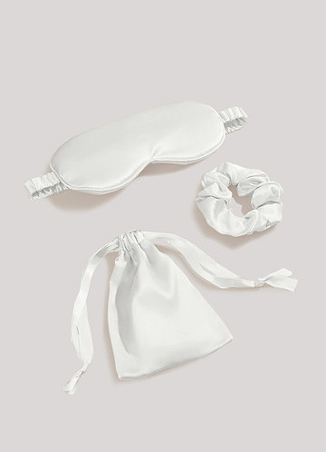 front Vit Set med hårspänne och ögonmask i satin