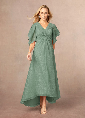 Azazie Mollina Mother of the Brides Dresses Aquamarine A-Line Ruffle Flutter Sleeve Metallic Mesh Dress image1