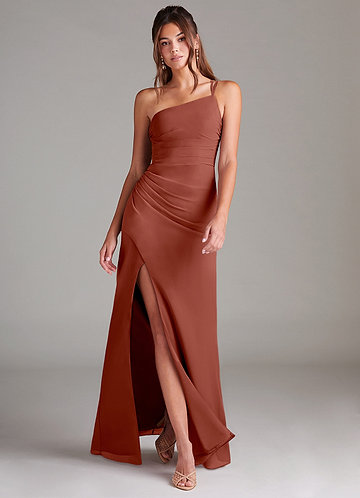 Azazie Eren Vestidos Dama de Honor Vestido de Castaño de Gasa de Corte Recto con Hombro unilateral image1