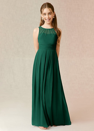 Azazie Bibiane Junior Emerald A-Line Pleated Chiffon Dress image1