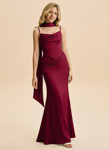 Azazie Sorrel Junior Robe Sirène en Satin extensible Rayé Bourgogne image1