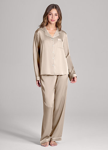 front Matching Color Long Sleeves and Pants Satin PJ Set