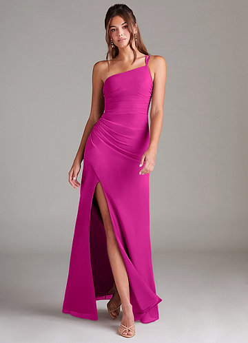 Azazie Eren Vestidos Dama de Honor Vestido de Fucsia de Gasa de Corte Recto con Hombro unilateral image1