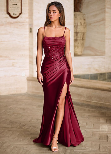 Starlit Burgundy Cowl Neck Prom Dress image1