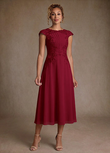 Azazie Crista Robe Mère de la Mariée & du Marié Robe Trapèze en Mousseline de soie Dentelle Bourgogne image1