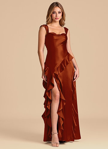 Azazie Sloane Bridesmaid Dresses Vestido Castanho Aloirado de Cetim Metálico de Linha A com Decote em coração image1