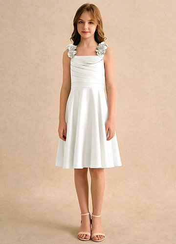 Azazie Resa Girls Formal Sukienki dla dziewczynek sypiących kwiaty Linia A Pofałdowany Matowy satynowy Długość do kolan Sukienka image1