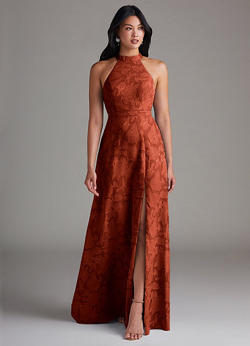 Azazie Clarice Bridesmaid Dresses Auburn A-Line Side Slit Floral Burnout Dress image1