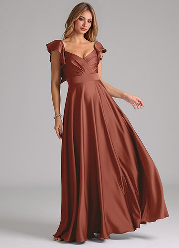Azazie Leilani Bridesmaid Dresses Auburn A-Line Ruched Stretch Satin Dress image1
