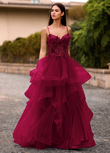 Dreama Bourgogne Robe de bal corset en dentelle à volants image1