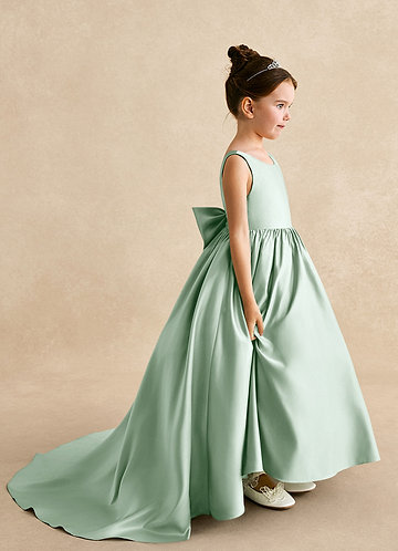 Azazie Mimia Robes de Fillette d'Honneur Robe Trapèze en Mat Satiné Arc Agave image1