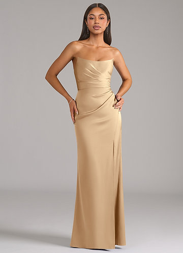 Azazie Marla Bridesmaid Dresses Vestido Champanhe de Cetim elástico de Bainha com Sem alças image1
