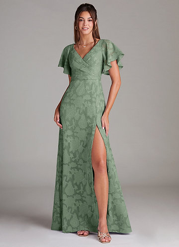 Azazie Ambrosia Bruidsmeisjes Jurken Jurk van Bloemen Burn-out met A-Lijn Geplooid Matcha image1