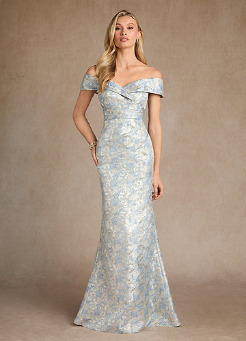 Azazie Canton Mother of the Brides Dresses Dusty Blue Mermaid Off the Shoulder Jacquard Dress image1
