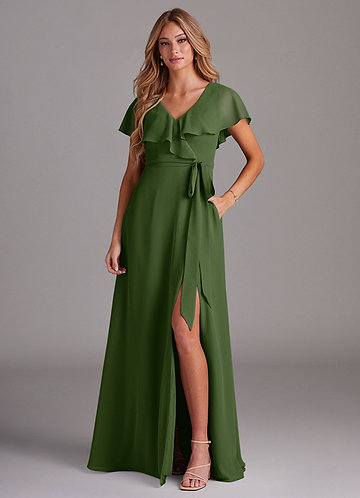 Azazie Lainey Bridesmaid Dresses Olive A-Line with Pockets Chiffon Dress image1