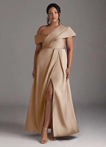 Azazie Milton Mother of the Brides Dresses Taupe A-Line Pleated Stretch Satin Dress image1