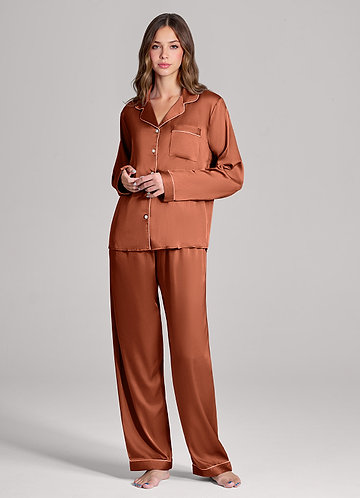 front Matching Color Long Sleeves and Pants Satin PJ Set